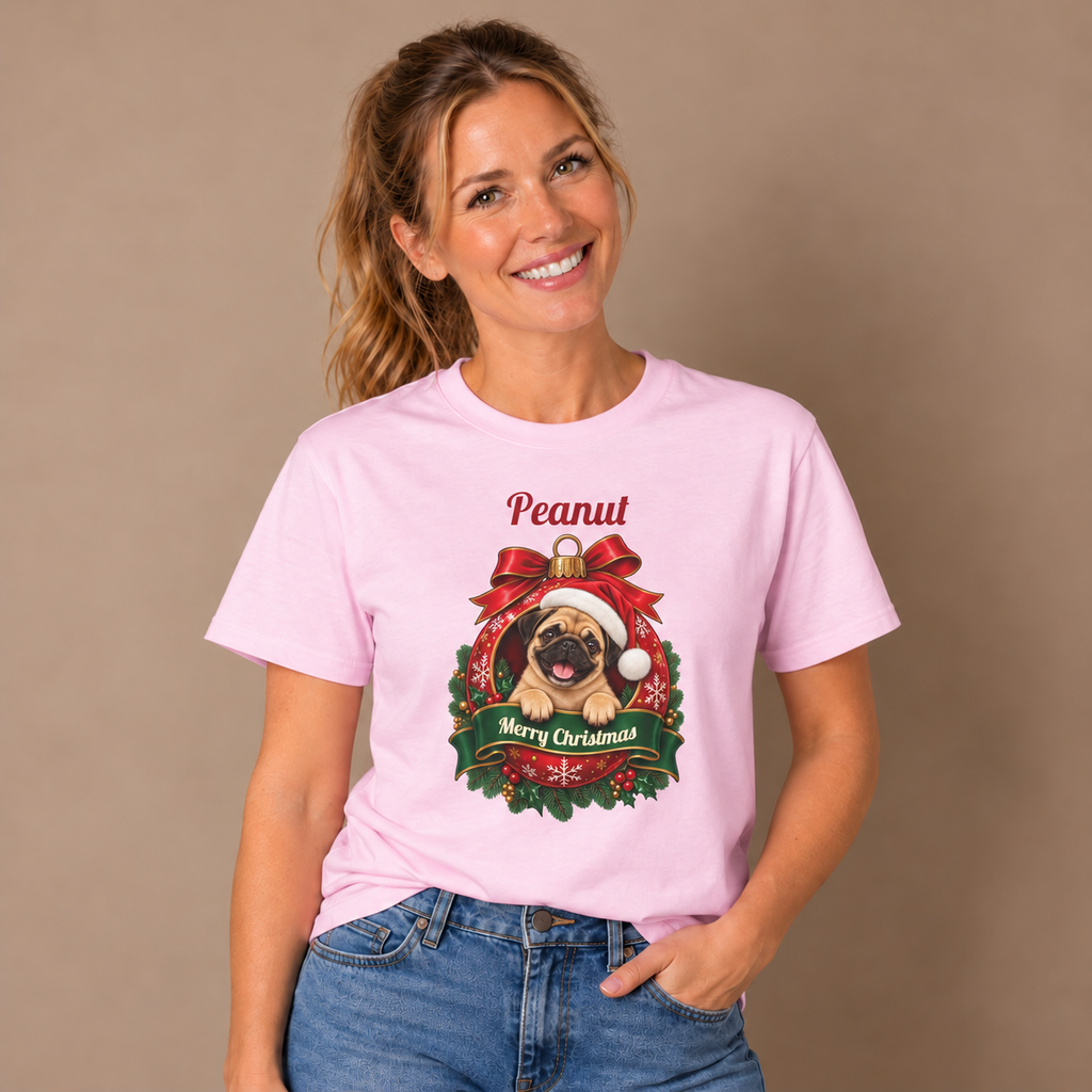 Woman wearing the Light Pink Personalized Pug Christmas T-Shirt with jeans