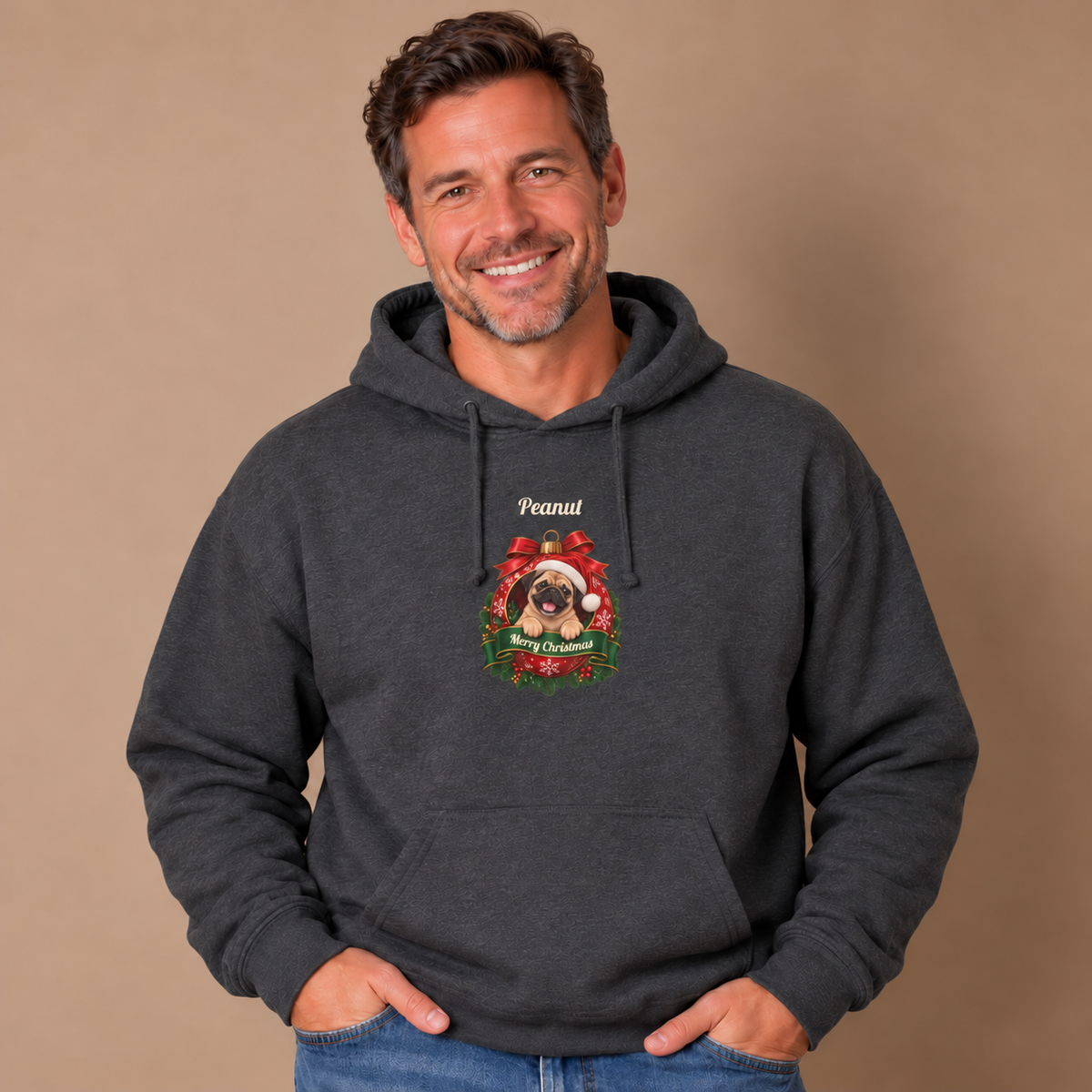 Man wearing the Dark Heather Personalized Pug Christmas Hoodie with jeans