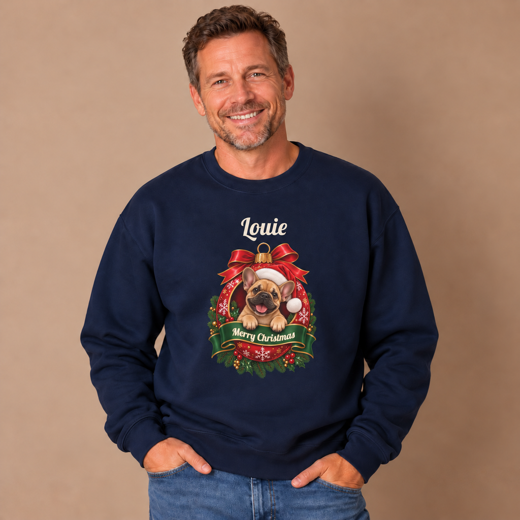 Man wearing the Navy Personalized French Bulldog Christmas Sweatshirt with jeans
