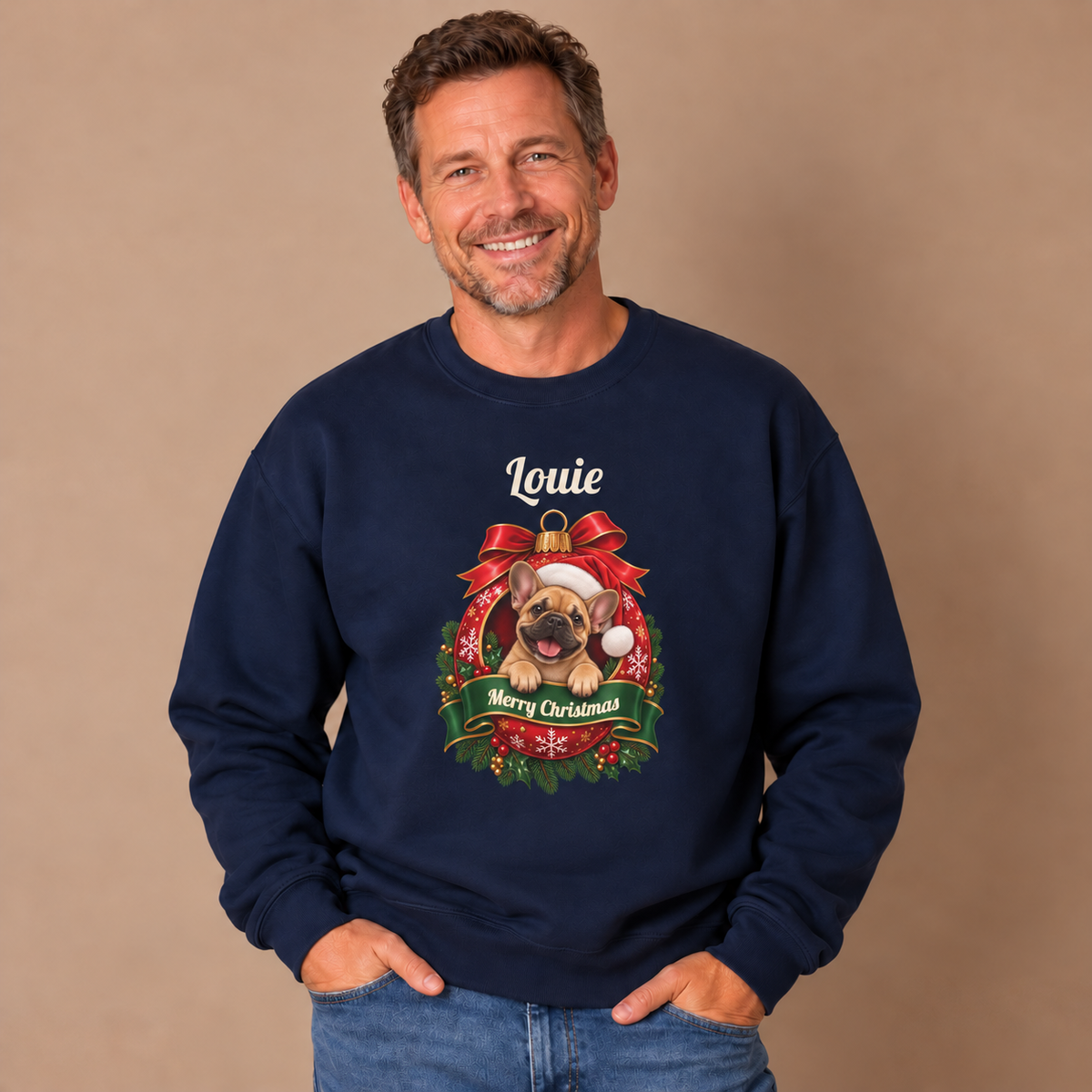 Man wearing the Navy Personalized French Bulldog Christmas Sweatshirt with jeans