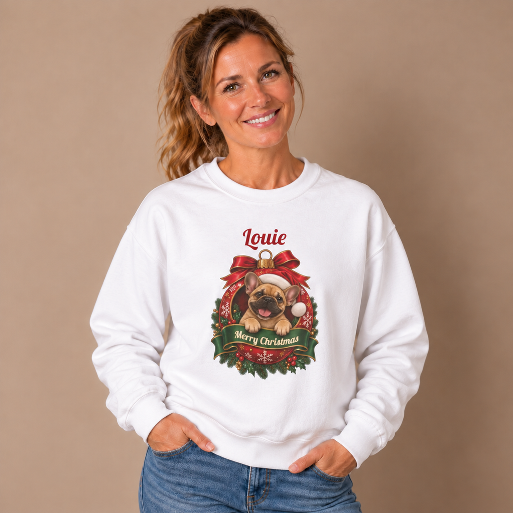 Woman wearing the White Personalized French Bulldog Christmas Sweatshirt with jeans