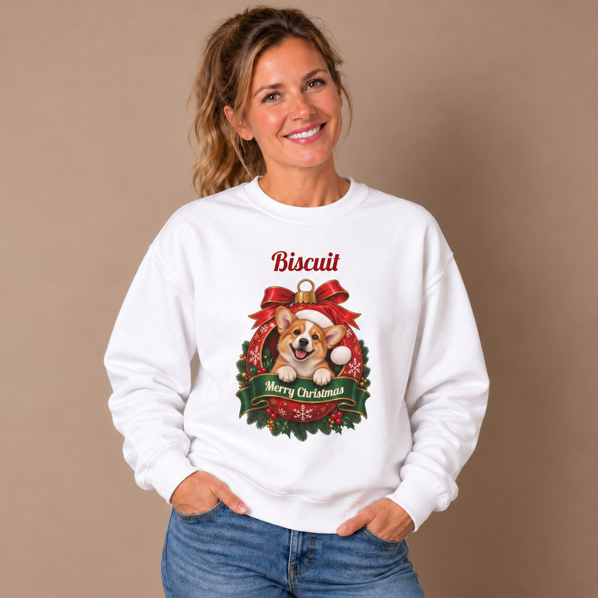 Woman wearing the White Personalized Corgi Christmas Sweatshirt with jeans