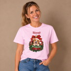 Woman wearing the Light Pink Personalized Corgi Christmas T-Shirt with jeans