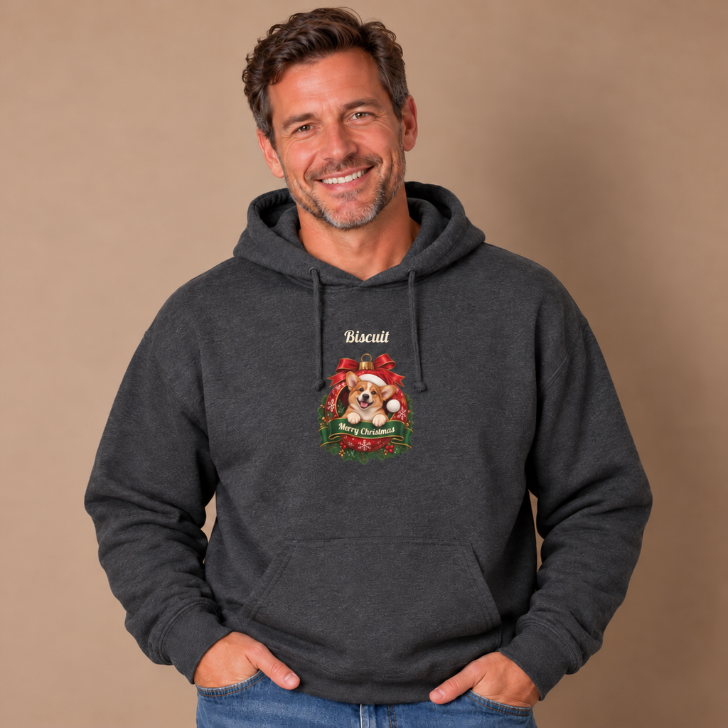 Man wearing the Dark Heather Personalized Corgi Christmas Hoodie with jeans