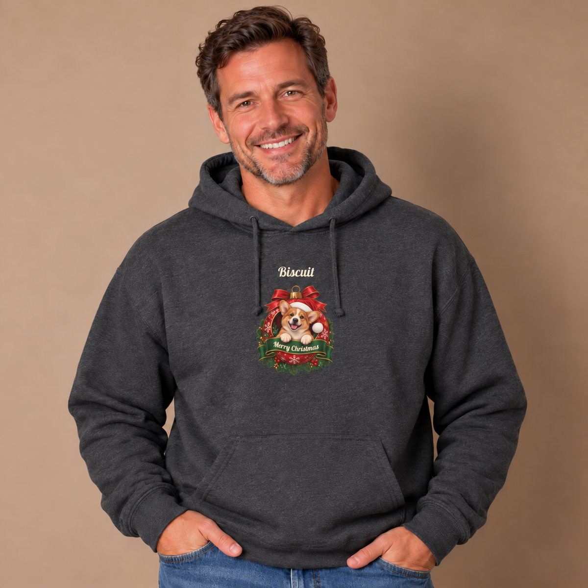 Man wearing the Dark Heather Personalized Corgi Christmas Hoodie with jeans