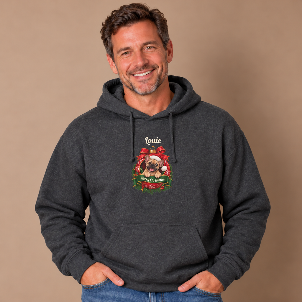 Man wearing the Dark Heather Personalized French Bulldog Christmas Hoodie with jeans