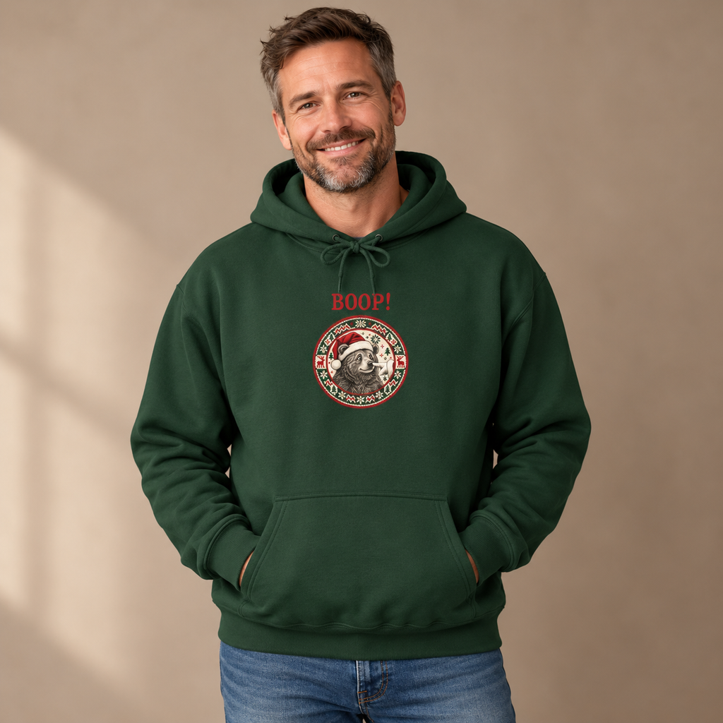 Man wearing the Forest Green Bear Boop Ugly Christmas hoodie