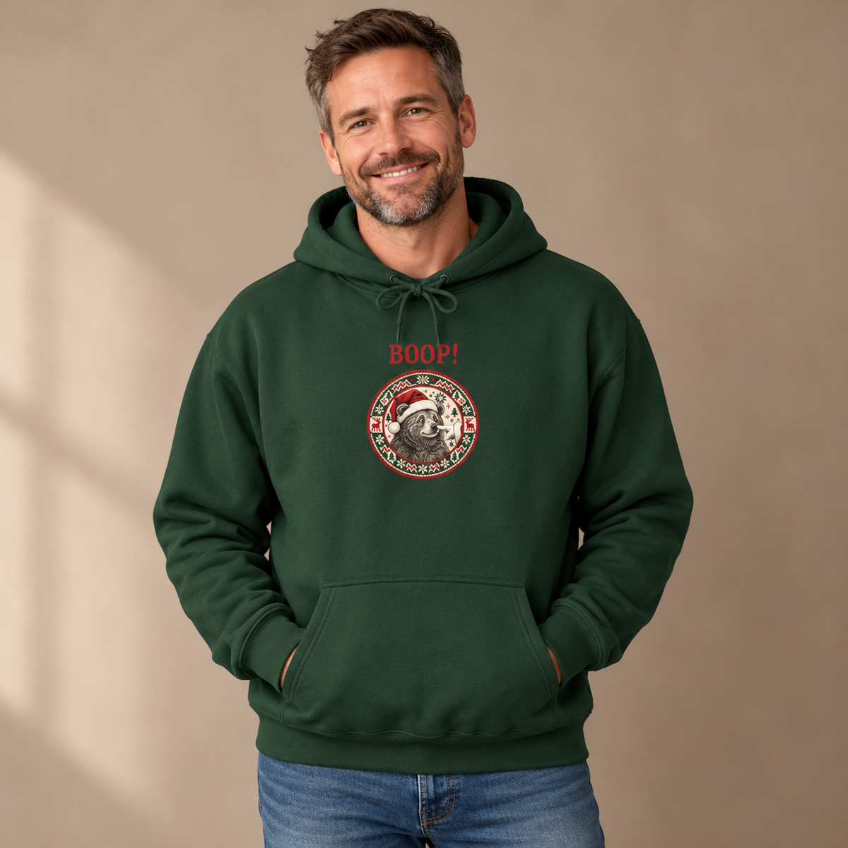 Man wearing the Forest Green Bear Boop Ugly Christmas hoodie