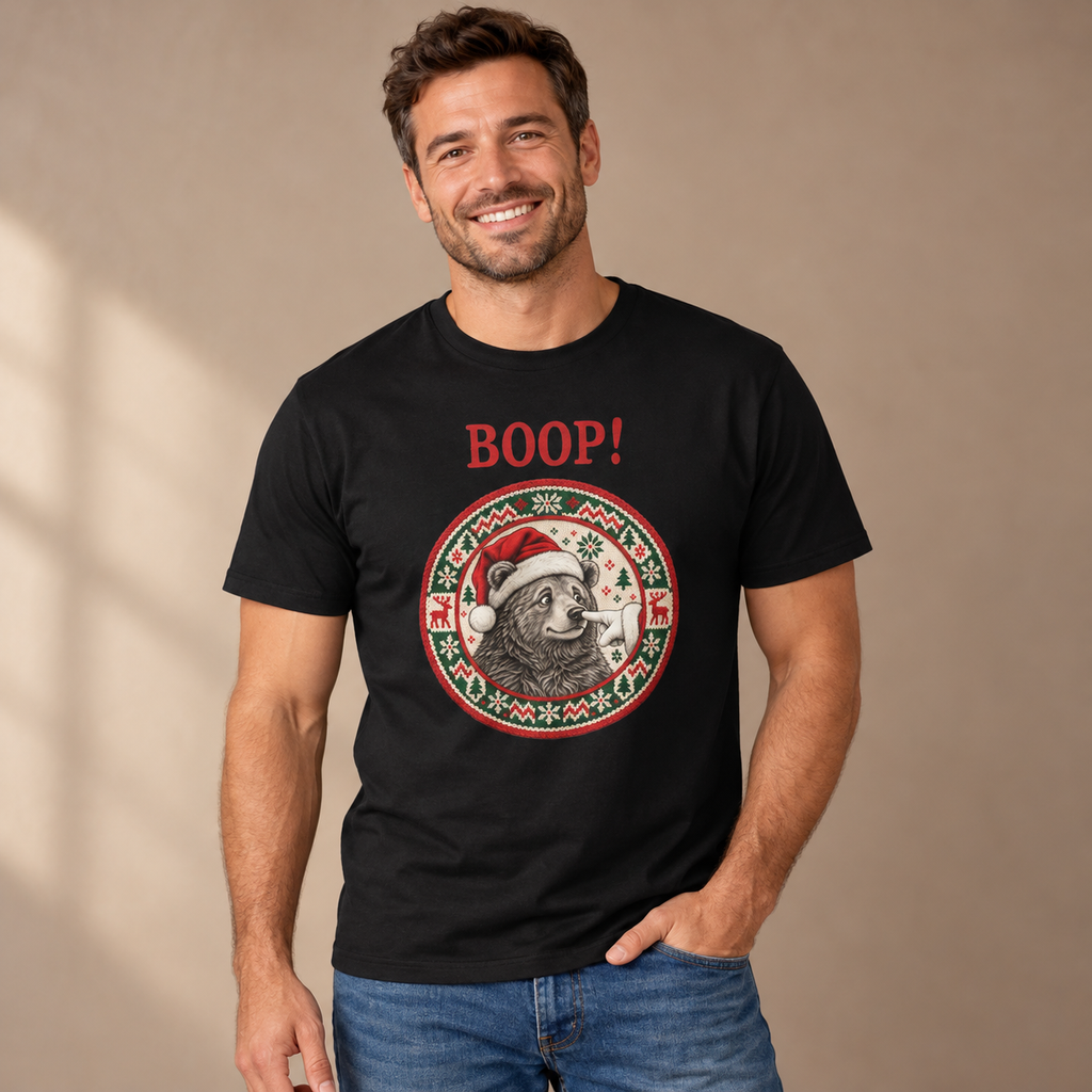 Man wearing the black Bear Boop Ugly Christmas t-shirt