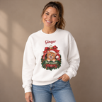 Woman wearing the White Personalized Orange Tabby Cat Christmas Sweatshirt with jeans