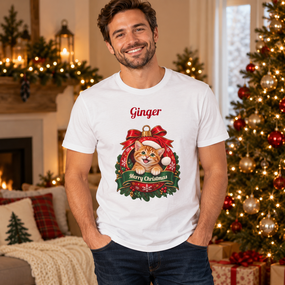 Man wearing the White Personalized Orange Tabby Cat Christmas T-Shirt by the Christmas tree