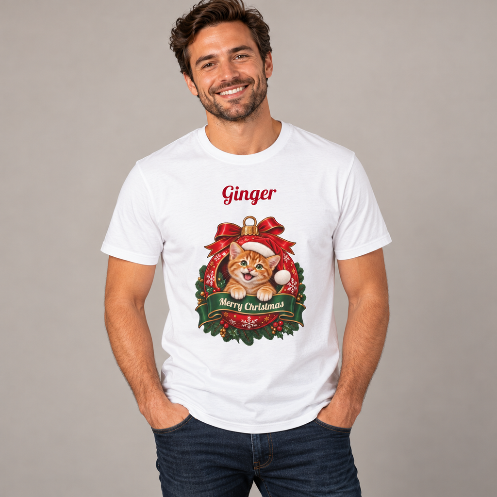 Man wearing the White Personalized Orange Tabby Cat Christmas T-Shirt, studio photo