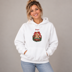 Woman wearing the White Personalized Orange Tabby Cat Christmas Hoodie, studio photo