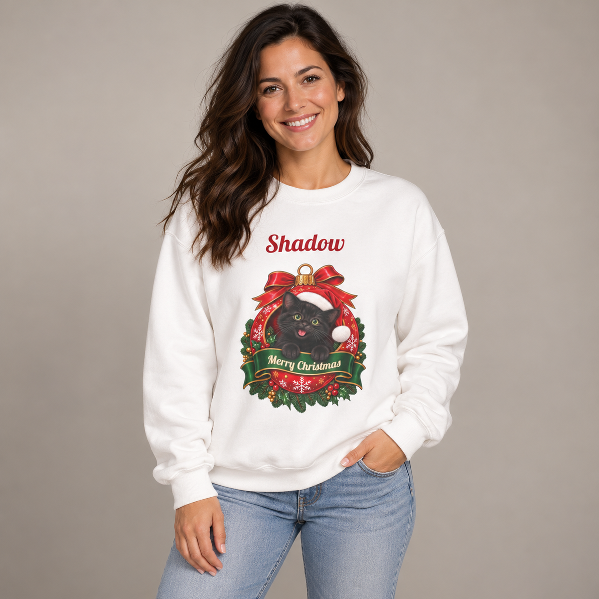 Woman wearing the White Personalized Black Cat Christmas Sweatshirt, studio photo