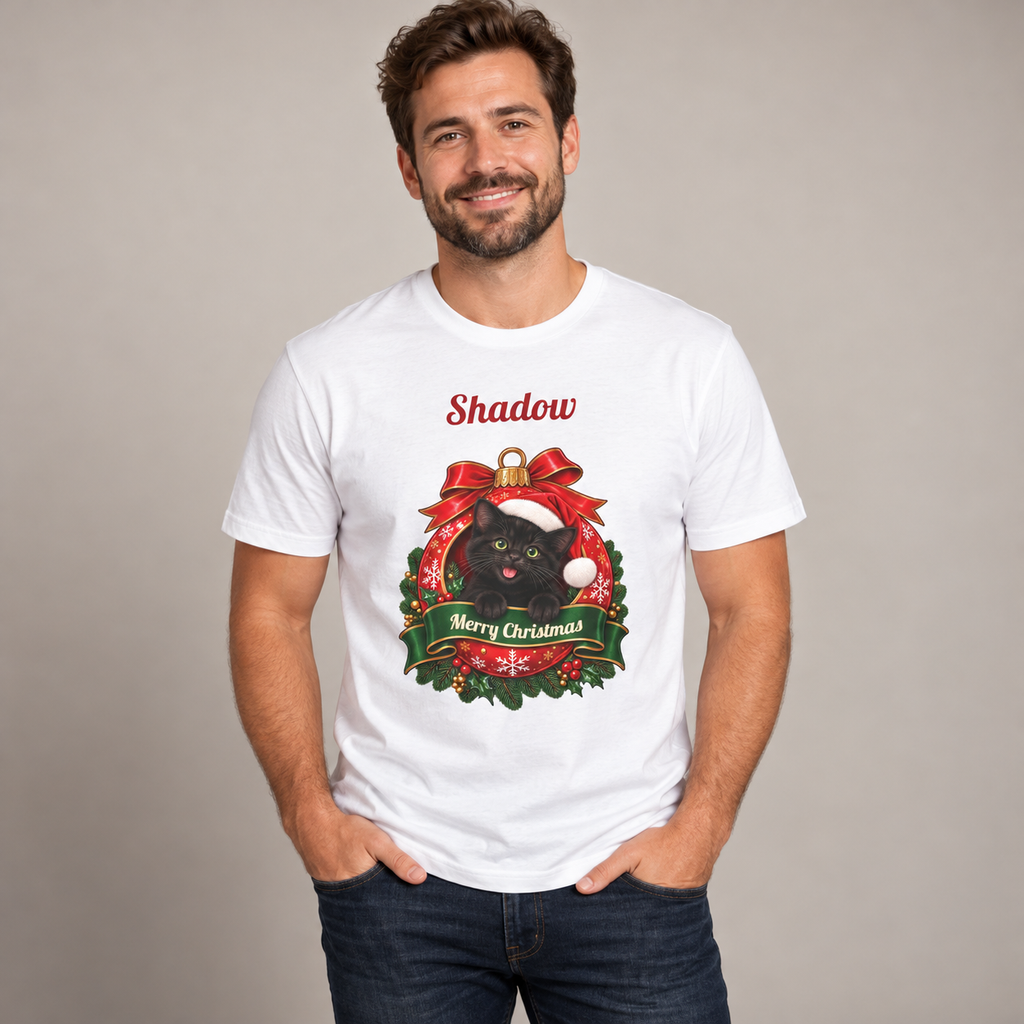 Man wearing the White Personalized Black Cat Christmas T-Shirt, studio photo