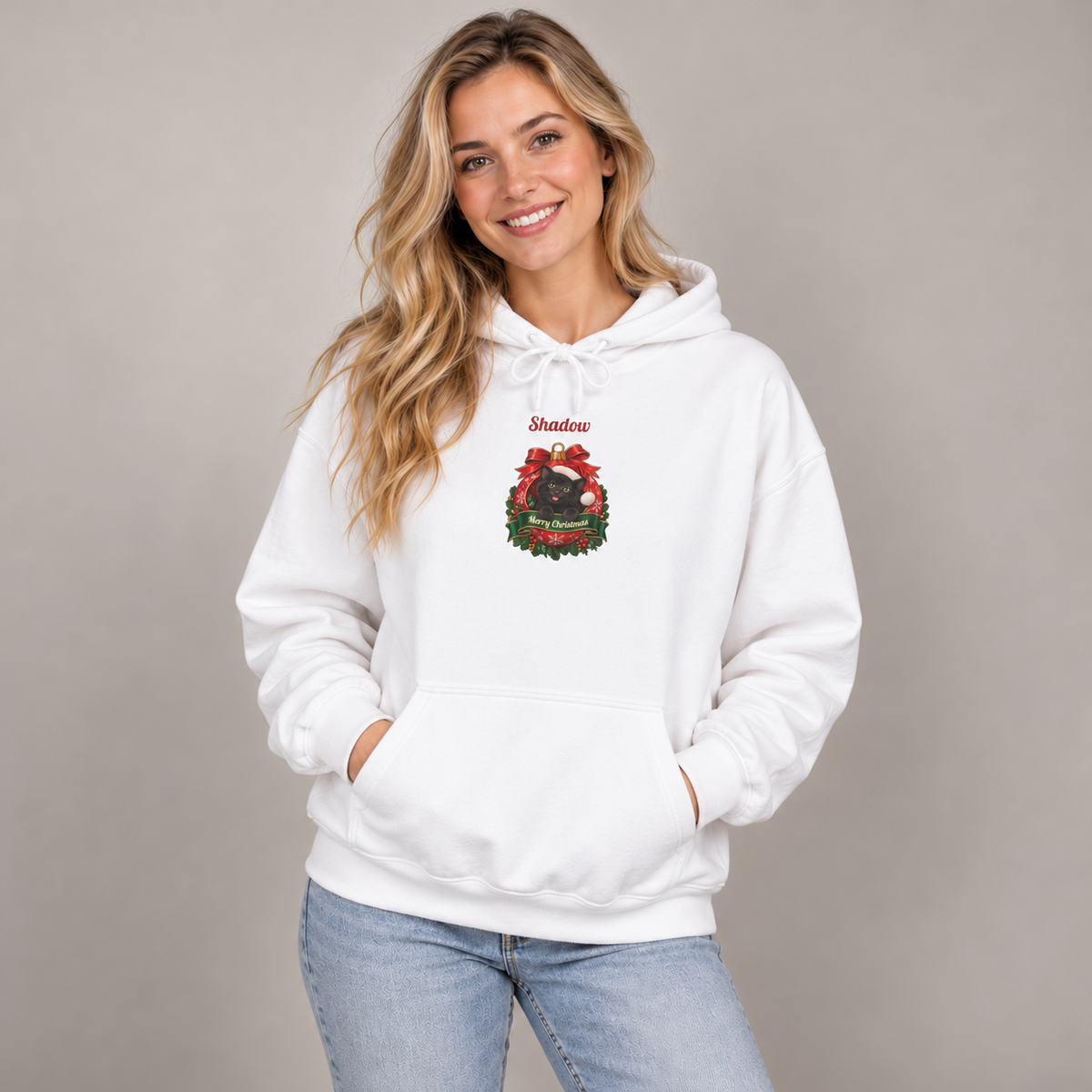 Woman wearing the White Personalized Black Cat Christmas Hoodie, studio photo