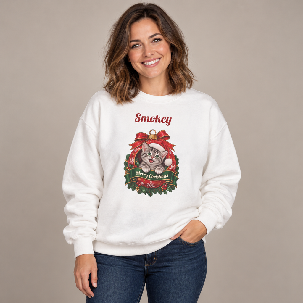 Woman wearing the White Personalized Grey Tabby Cat Christmas Sweatshirt, studio photo