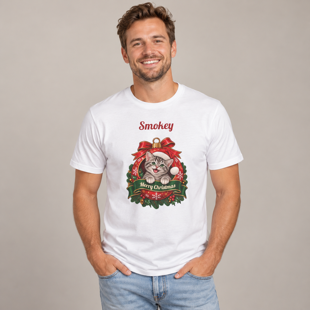 Man wearing the White Personalized Grey Tabby Cat Christmas T-Shirt, studio photo