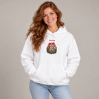 Woman wearing the White Personalized Grey Tabby Cat Christmas Hoodie, studio photo