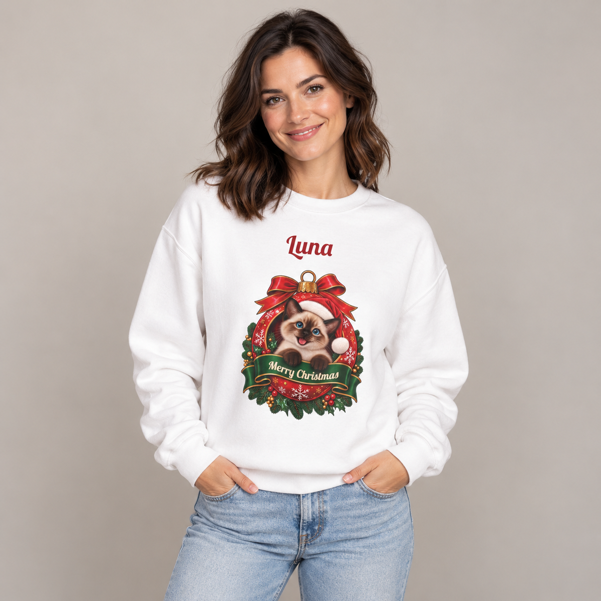 Woman wearing the White Personalized Siamese Cat Christmas Sweatshirt, studio photo