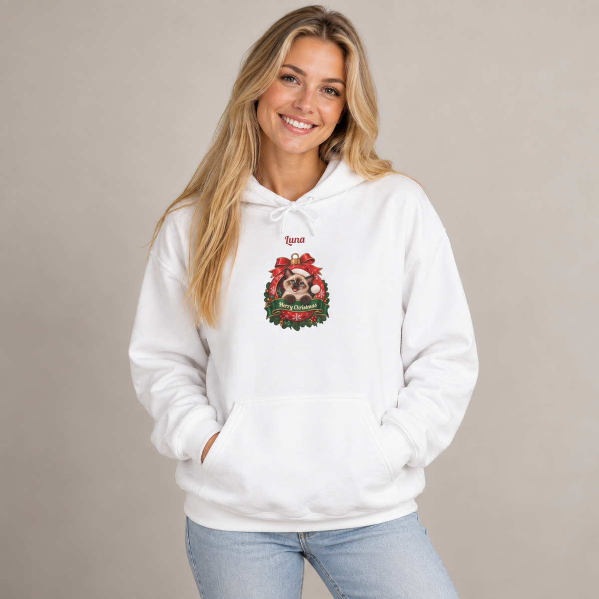 Woman wearing the White Personalized Siamese Cat Christmas Hoodie, studio photo
