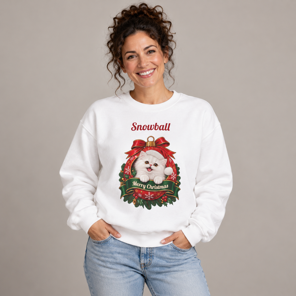 Woman wearing the White Personalized White Persian Cat Christmas Sweatshirt, studio photo