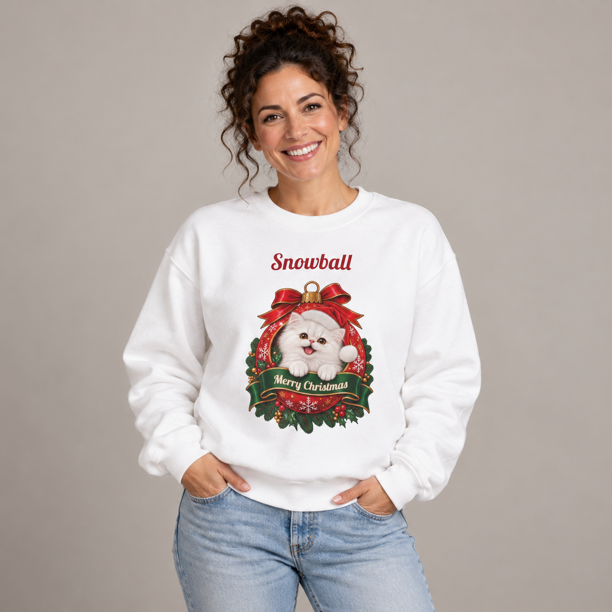 Woman wearing the White Personalized White Persian Cat Christmas Sweatshirt, studio photo