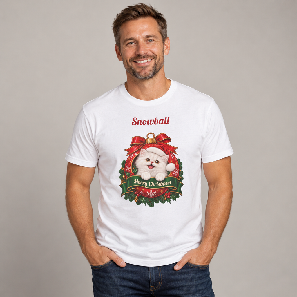 Man wearing the White Personalized White Persian Cat Christmas T-Shirt, studio photo