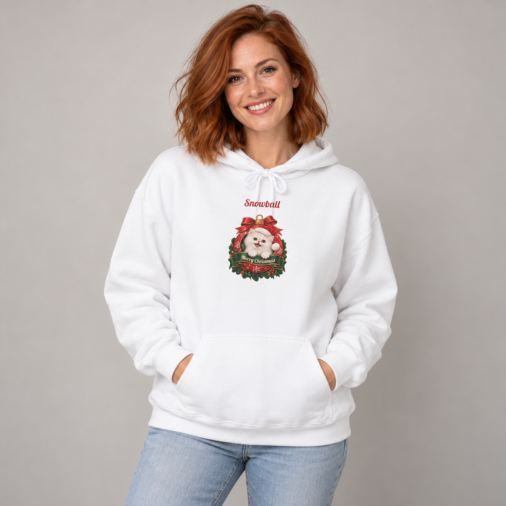 Woman wearing the White Personalized White Persian Cat Christmas Hoodie, studio photo