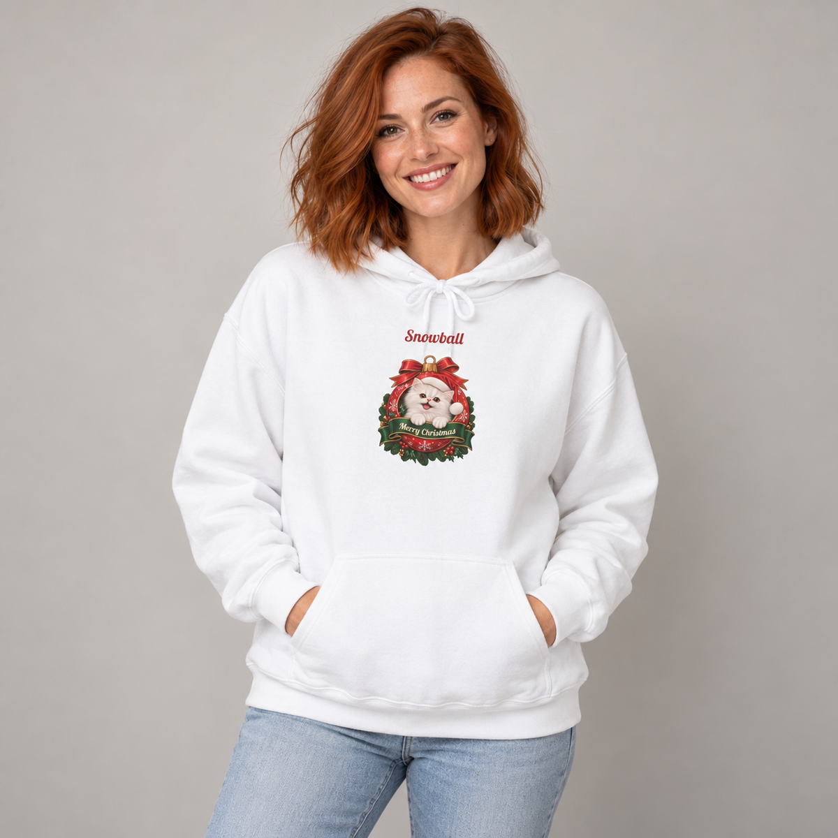 Woman wearing the White Personalized White Persian Cat Christmas Hoodie, studio photo