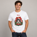 Man wearing the White Personalized Tuxedo Cat Christmas T-Shirt, studio photo