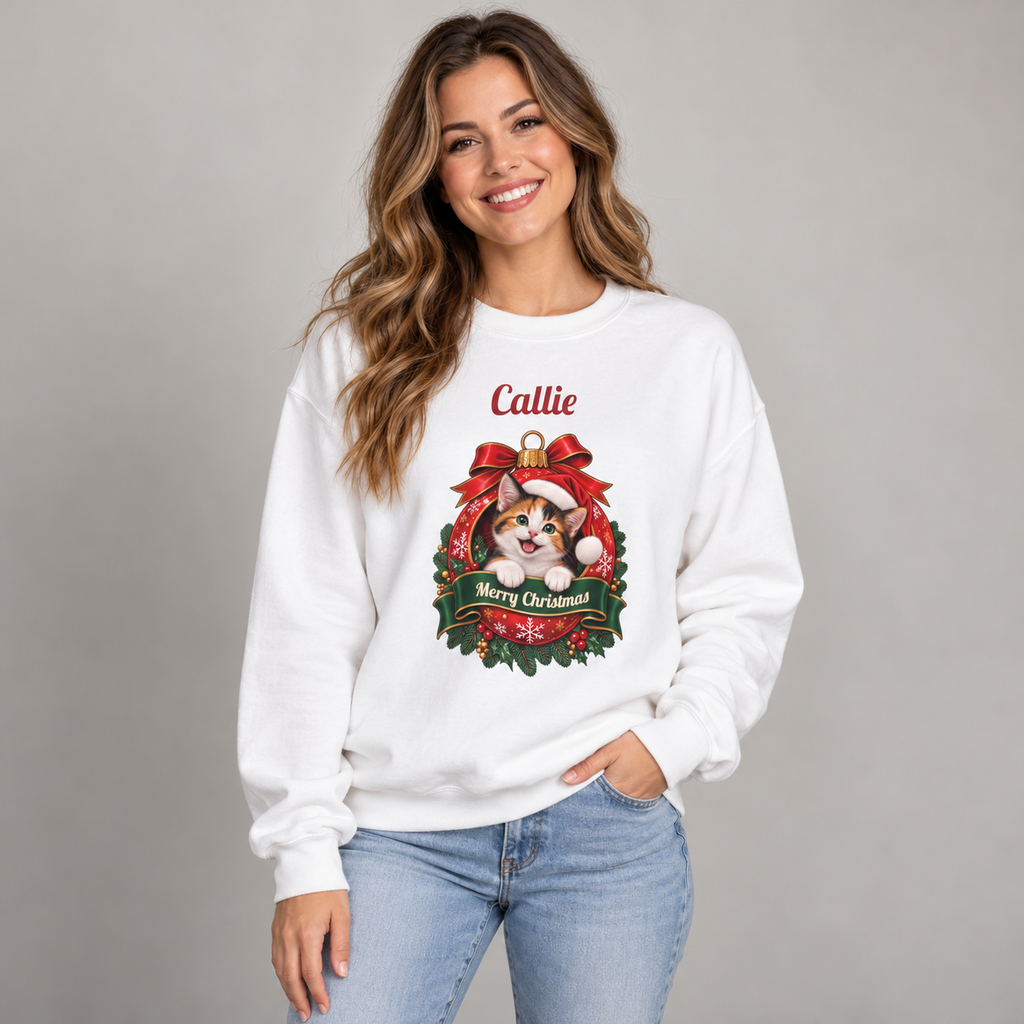 Woman wearing the White Personalized Calico Cat Christmas Sweatshirt, studio photo