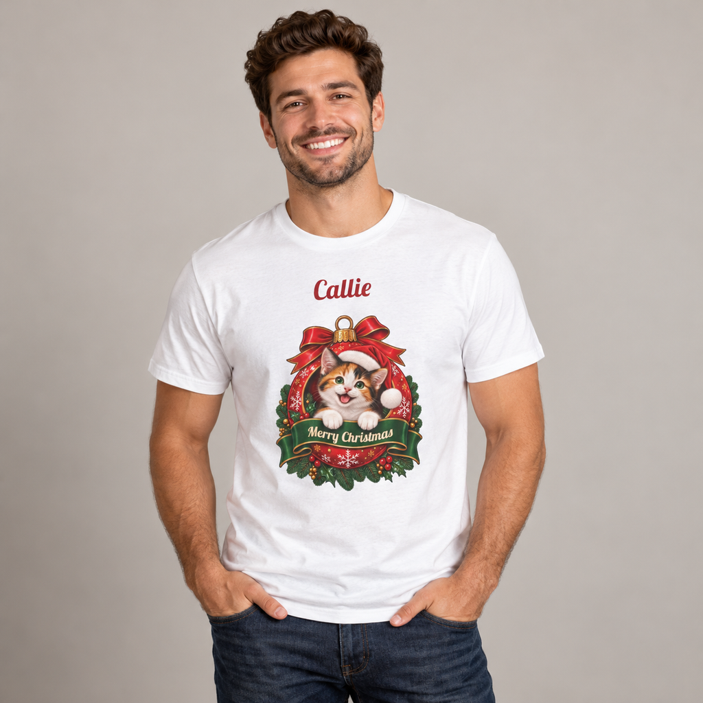 Man wearing the White Personalized Calico Cat Christmas T-Shirt, studio photo