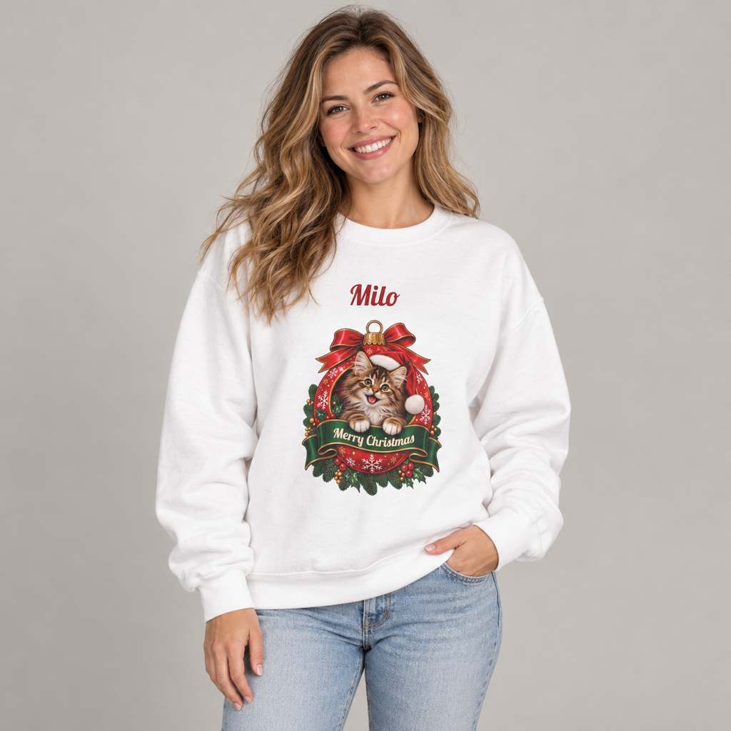Woman wearing the White Personalized Maine Coon Cat Christmas Sweatshirt, studio photo