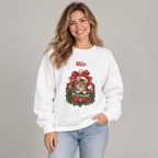 Woman wearing the White Personalized Maine Coon Cat Christmas Sweatshirt, studio photo