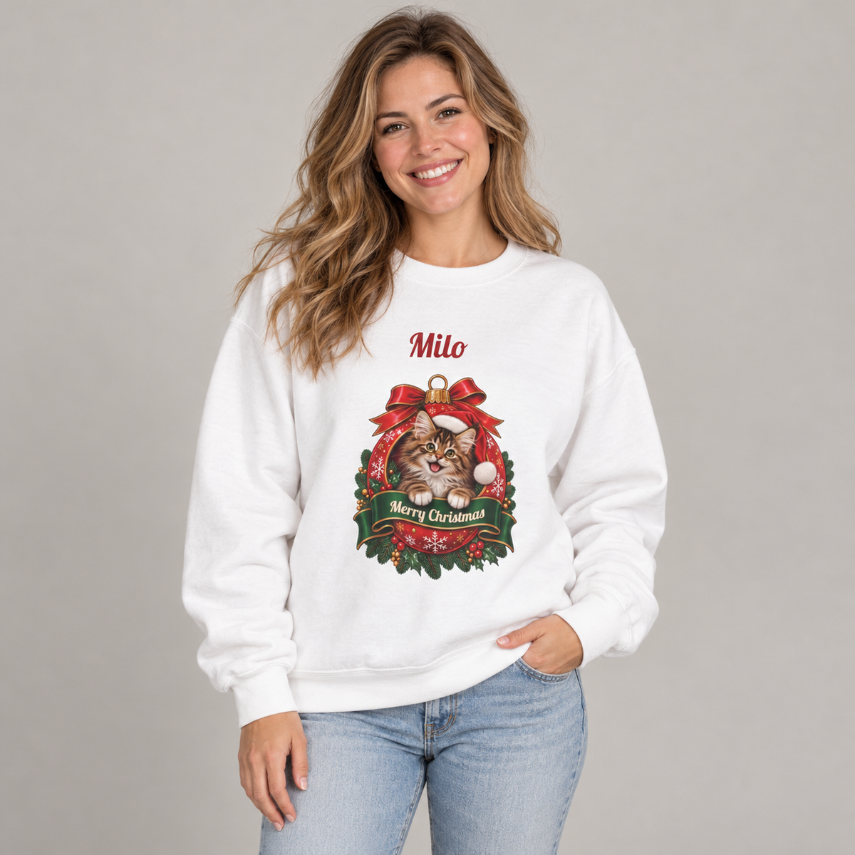 Woman wearing the White Personalized Maine Coon Cat Christmas Sweatshirt, studio photo