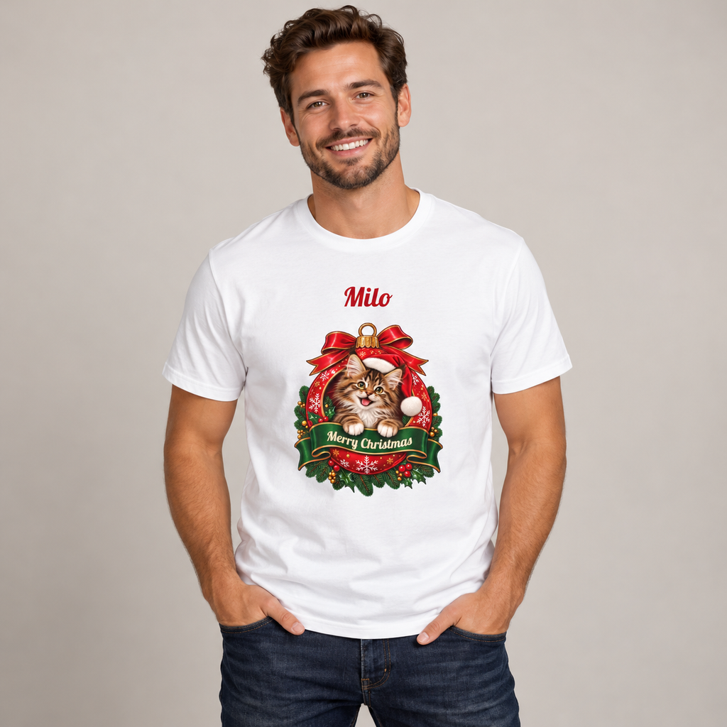 Man wearing the White Personalized Maine Coon Cat Christmas T-Shirt, studio photo
