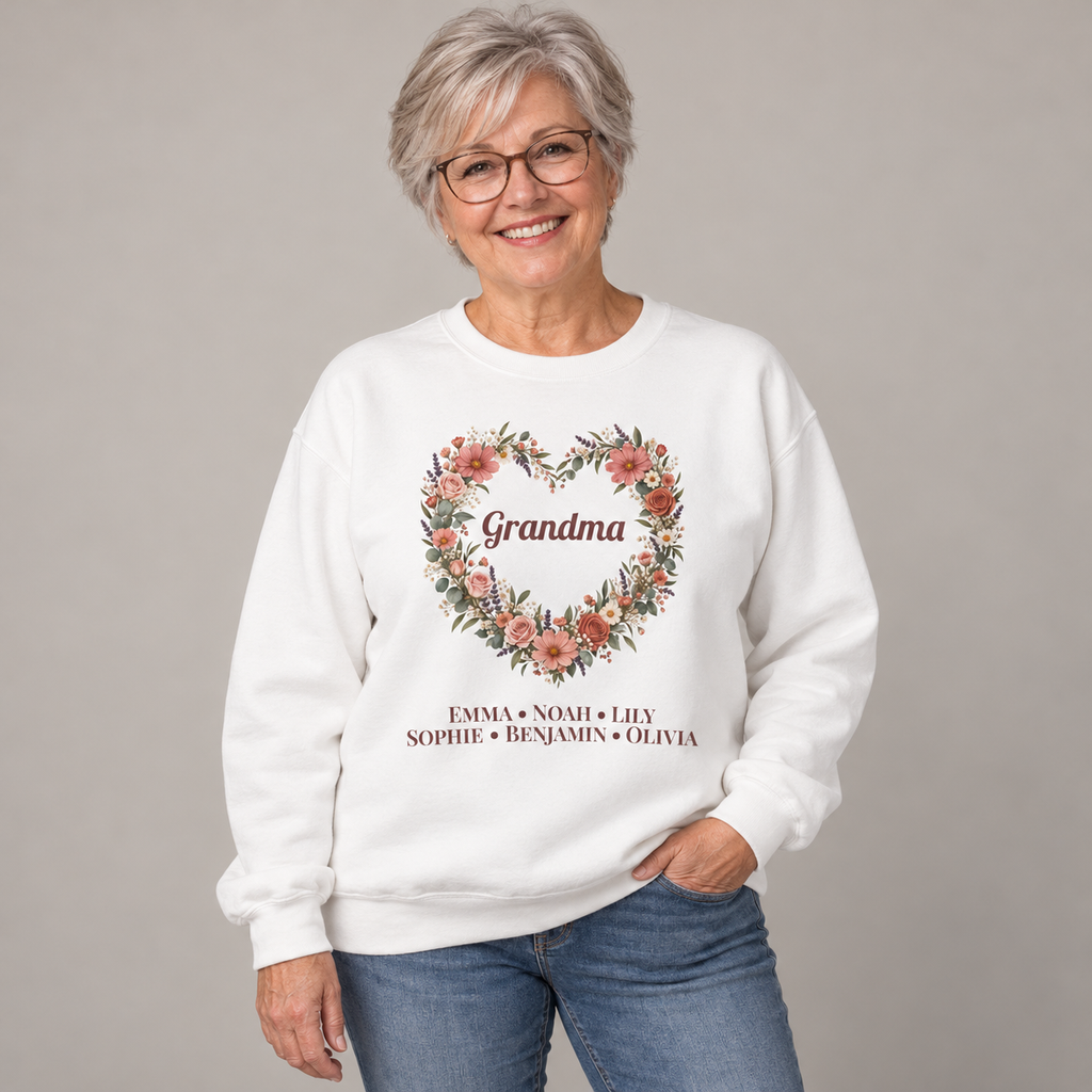 Grandmother wearing the White Personalized Grandma Sweatshirt With Grandkids Names, studio photo