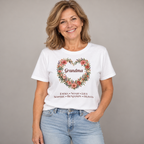 Grandmother wearing the White Personalized Grandma T-Shirt With Grandkids Names, studio photo