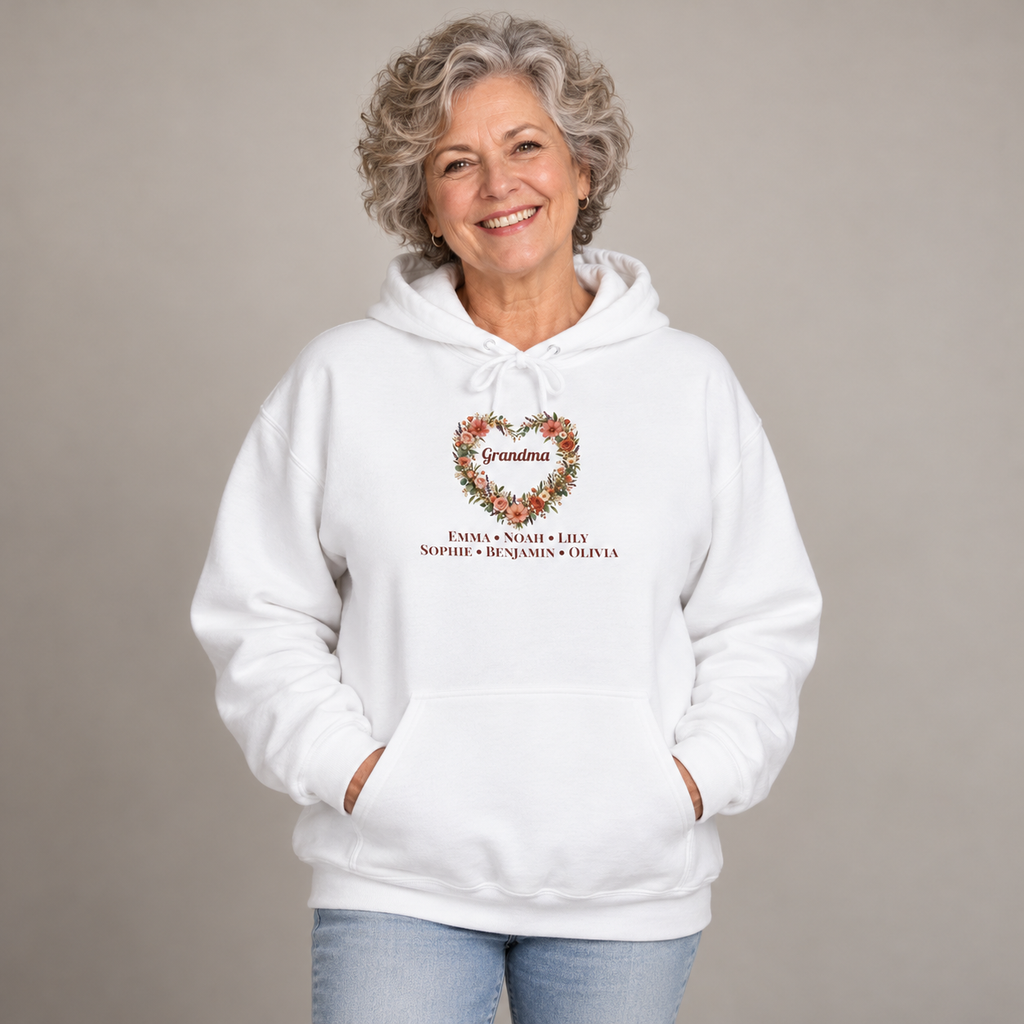 Grandmother wearing the White Personalized Grandma Hoodie With Grandkids Names, studio photo