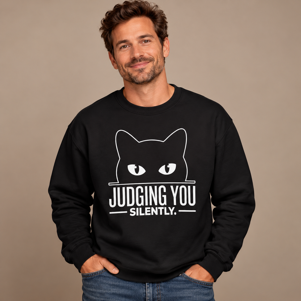 Man wearing the Black Judging You Silently Cat Sweatshirt, studio photo