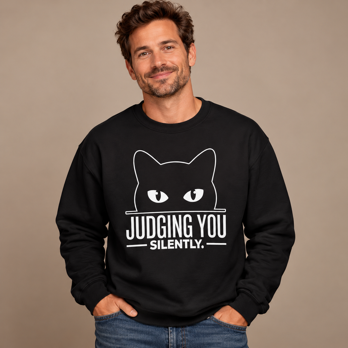 Man wearing the Black Judging You Silently Cat Sweatshirt, studio photo