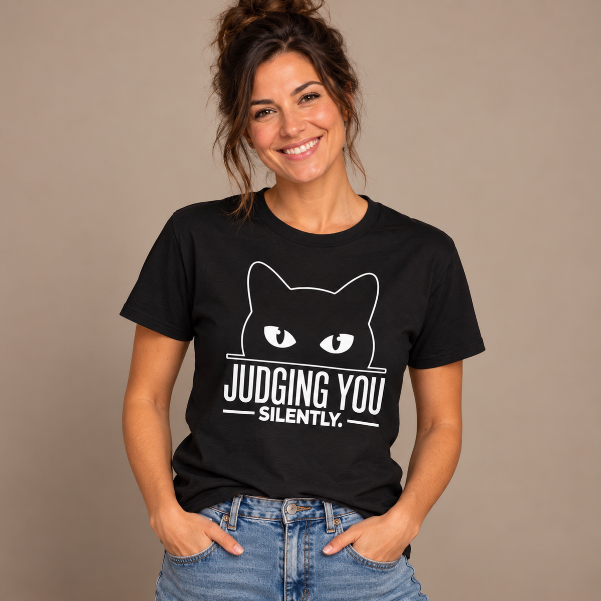 Woman wearing the Black Judging You Silently Cat T-Shirt, studio photo