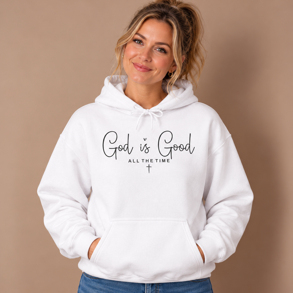 Woman wearing the White God Is Good All The Time Hoodie, studio photo