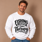 Man wearing the White Fishing Is Cheaper Than Therapy Sweatshirt, studio photo