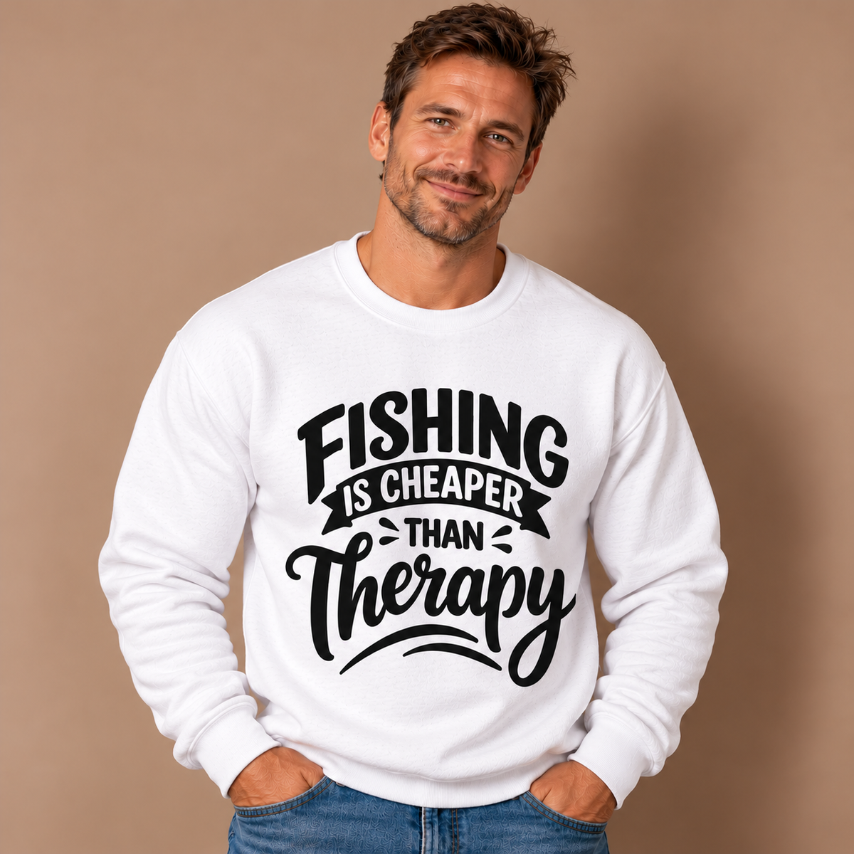 Man wearing the White Fishing Is Cheaper Than Therapy Sweatshirt, studio photo