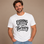 Man wearing the White Fishing Is Cheaper Than Therapy T-Shirt, studio photo