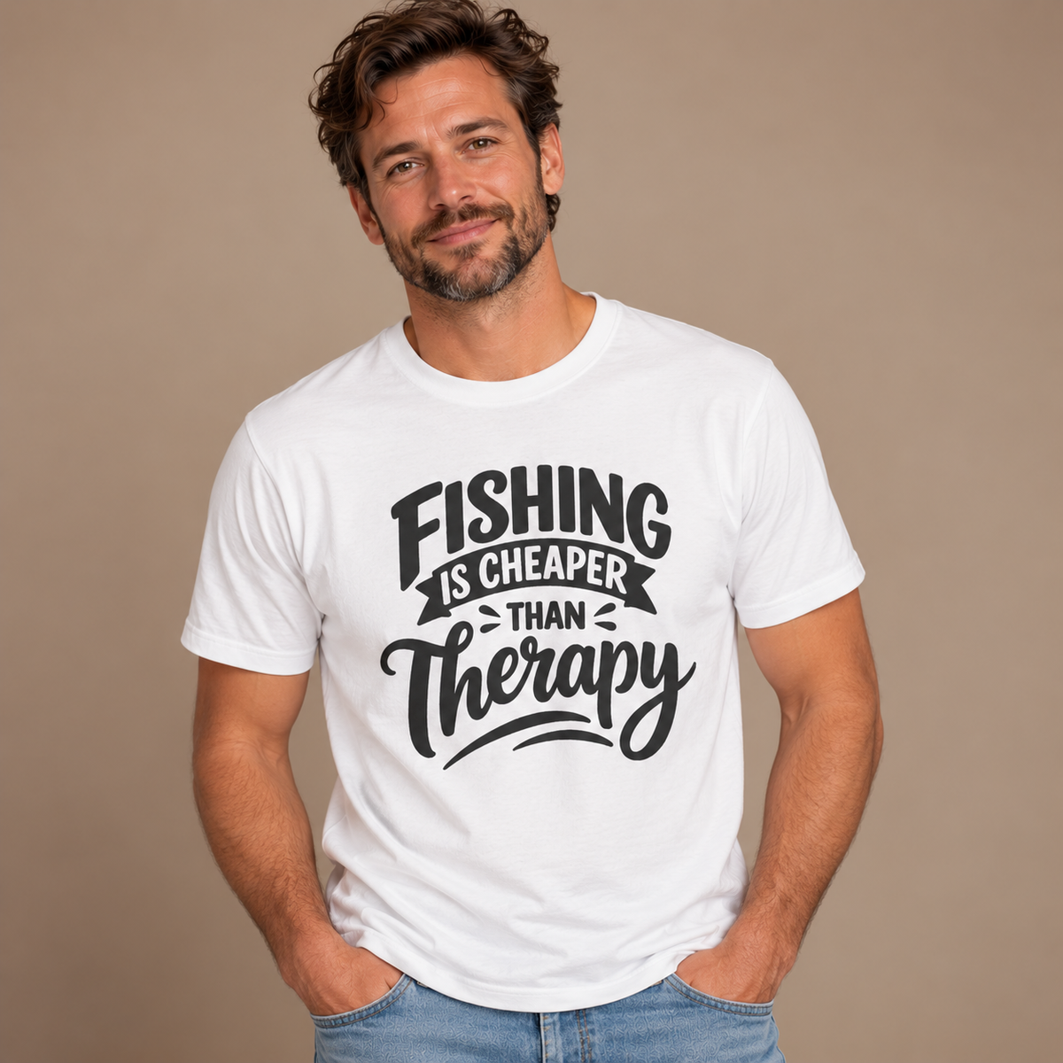 Man wearing the White Fishing Is Cheaper Than Therapy T-Shirt, studio photo