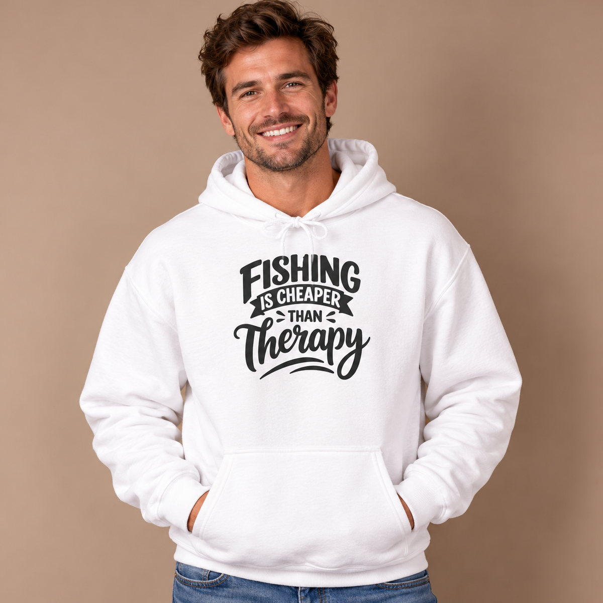Man wearing the White Fishing Is Cheaper Than Therapy Hoodie, studio photo
