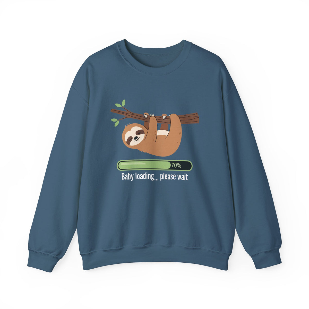 Indigo Blue Baby Loading Please Wait sloth sweatshirt, front view